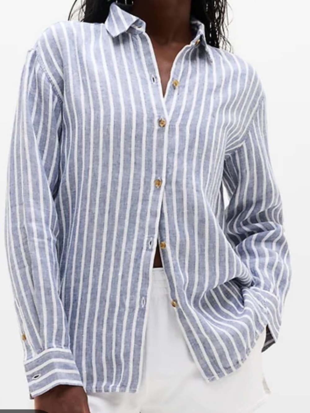 Athleta Retreat Linen Top Shadow Blue & White Striped Women’s Size Medium